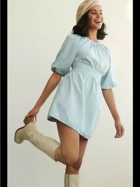 NWT Anthropologie Love the Label Puff-Sleeved Mini Dress Chambray Tie
Back SZ S